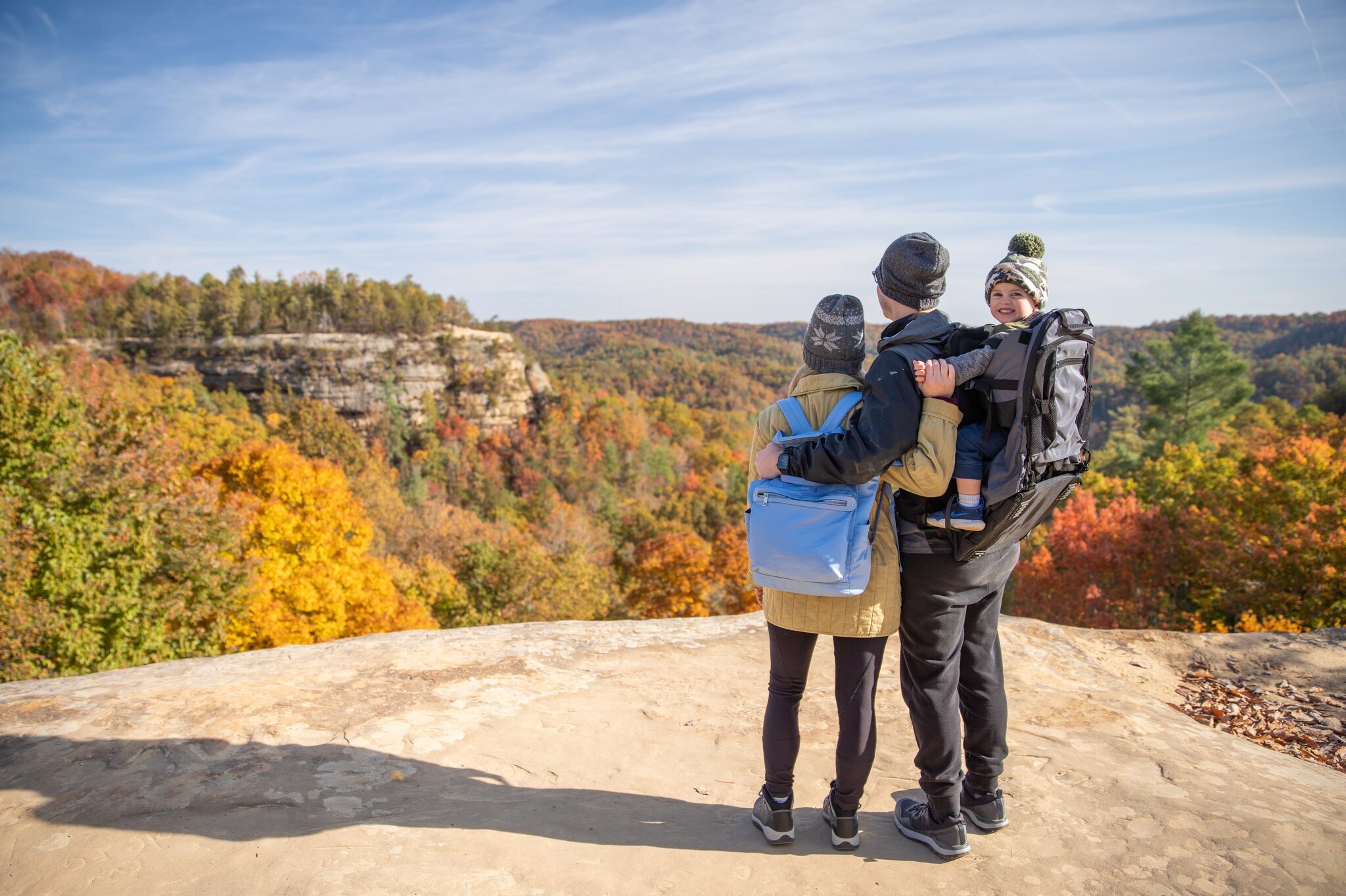 A family of three, with a young child in a carrier on the father's back, looks out on the fall colors of Daniel Boone National Forest.