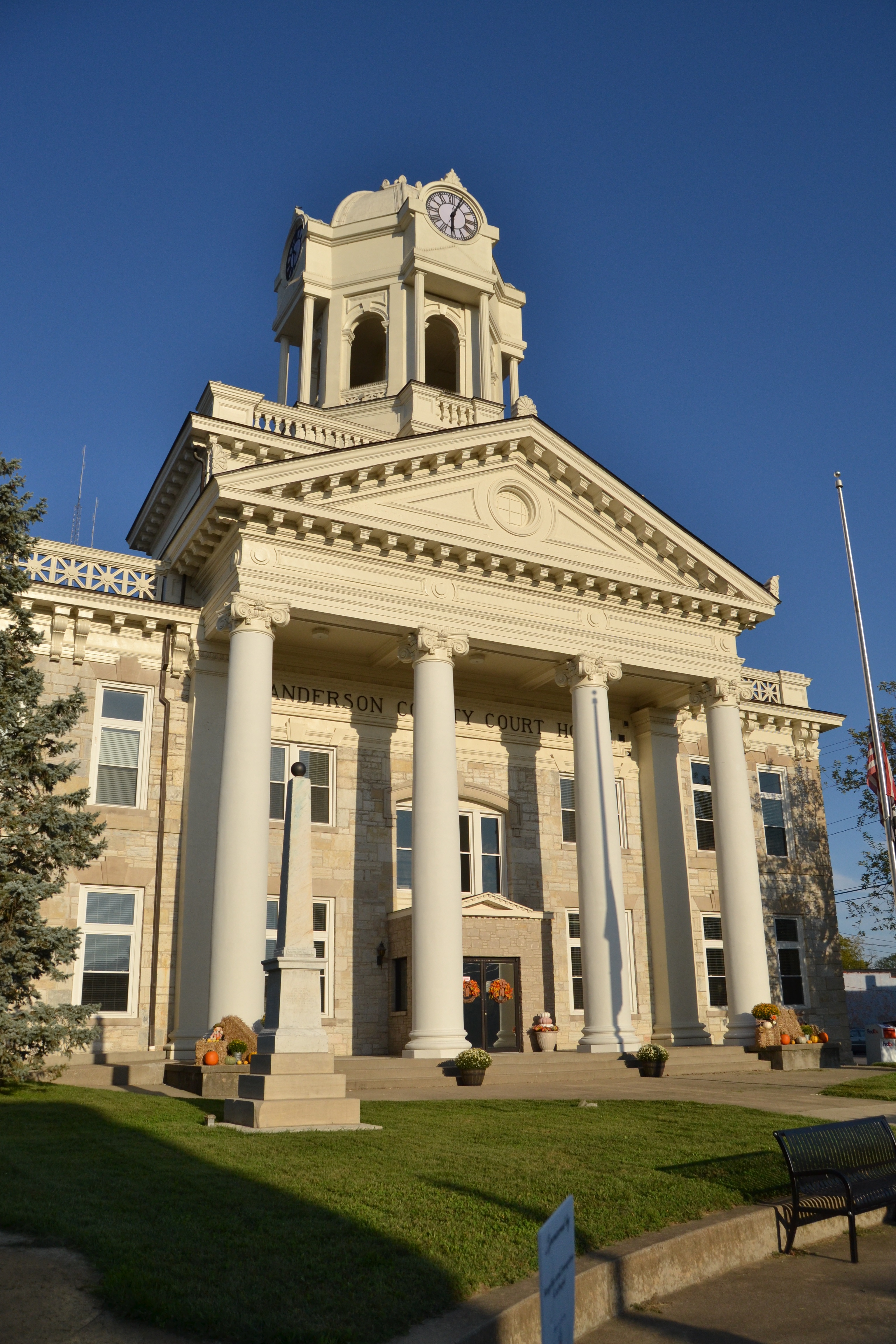 The Lawrenceburg County Courthourse. Clocktower, huge roman pillars. Manicured lawn