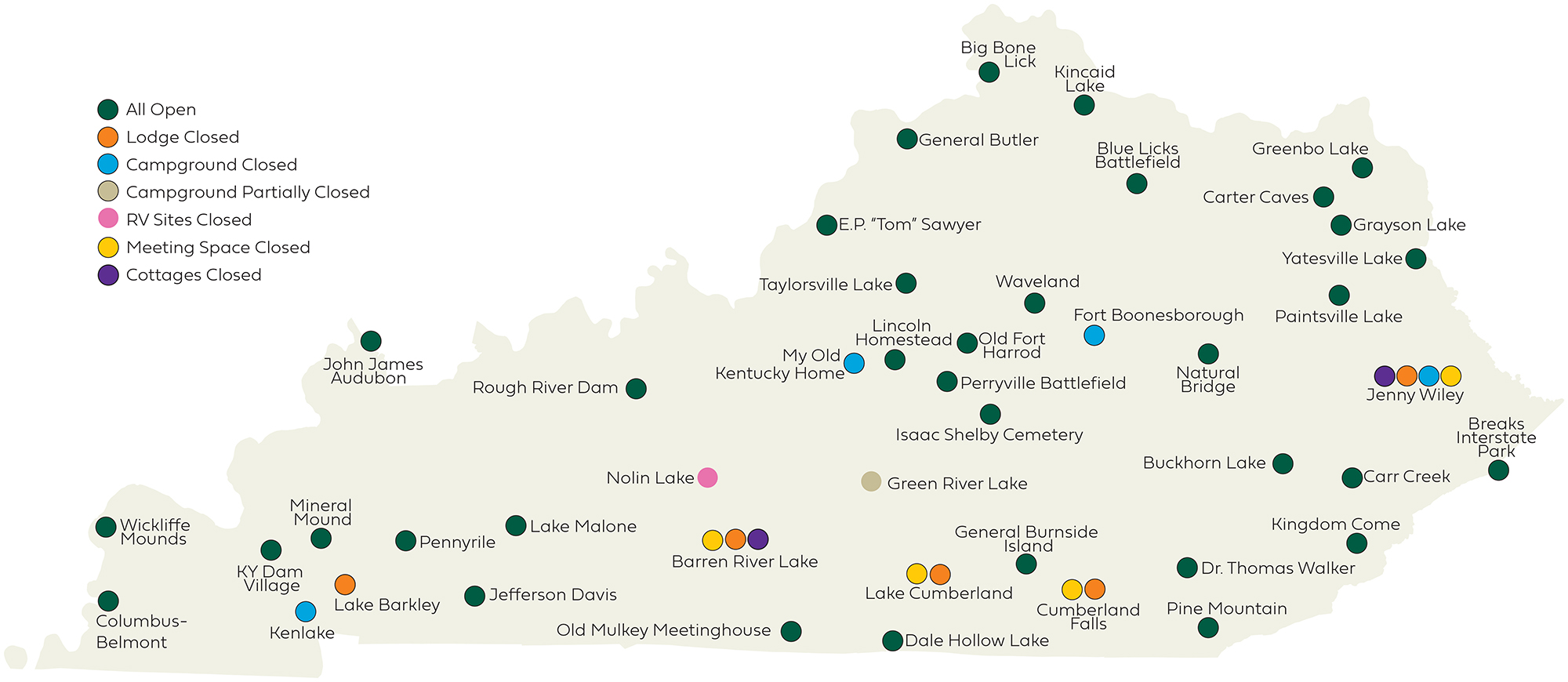 Map of state with colored dots and legend indicating what facilities are closed for improvement projects